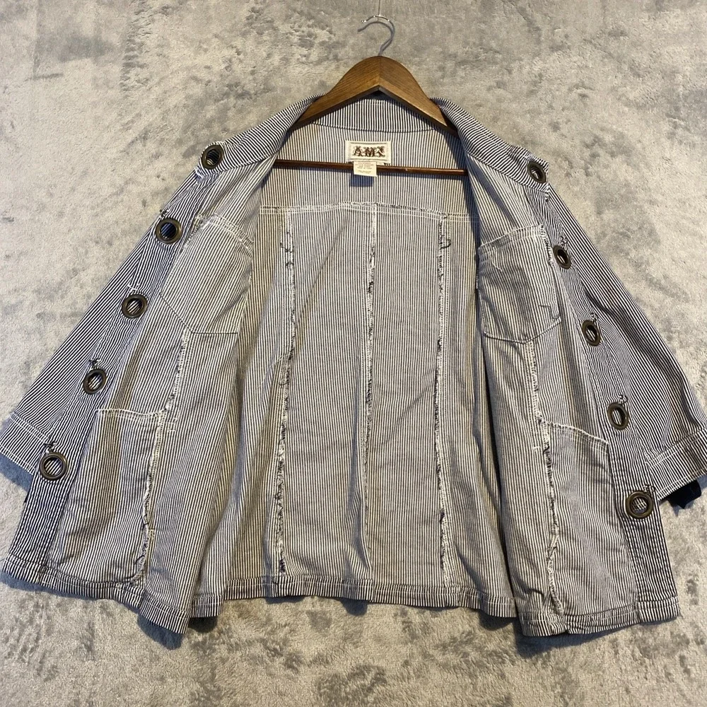 Womens Jacket Sz 1X Blue White Stripes Band Collar  Coastal Beach Preppy Cottage
